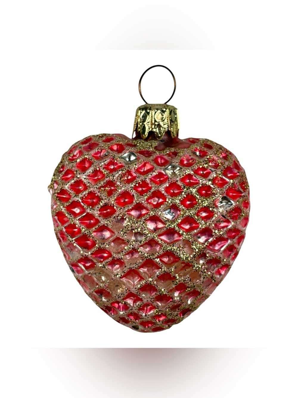 Vtg West Germany Blown Glass Christmas Ornament Red Pinecone Heart Gold Glitter